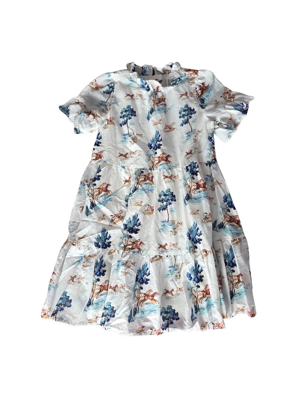 Janie and Jack White Dress with Blue and Brown Horse & Tree Print